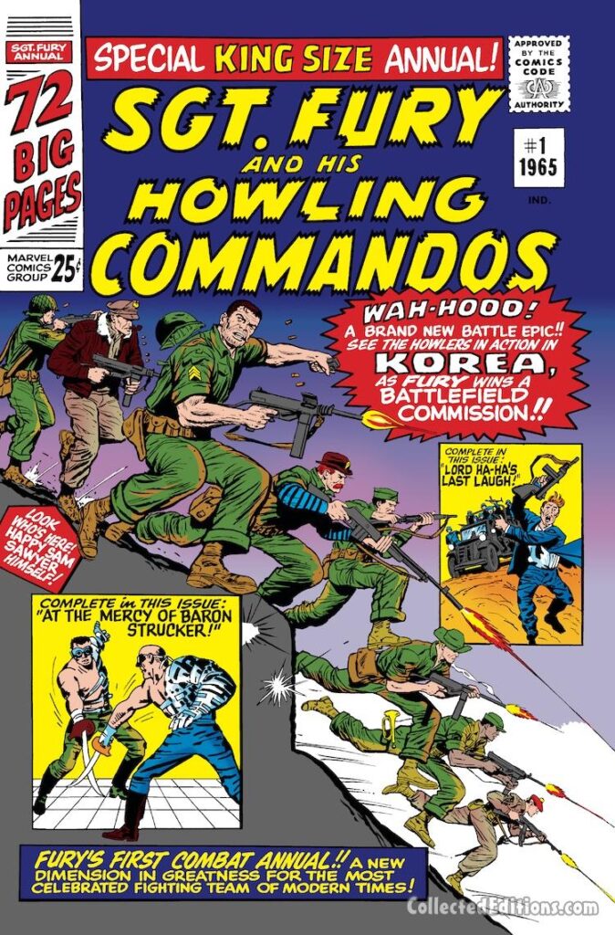 Sgt. Fury and His Howling Commandos Annual #1 cover; pencils, Dick Ayers; inks, Frank Giacoia; Korea, Battlefield Commission, At the Mercy of Baron Strucker, Nick Fury, Happy Sam Sawyer