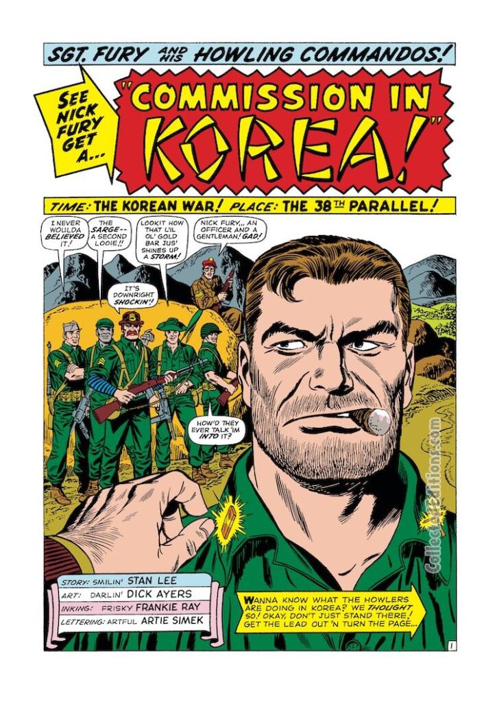 Sgt. Fury and His Howling Commandos Annual #1, pg. 1; pencils, Dick Ayers; inks, Frank Giacoia; Commission in Korea, Korean War, Nick Fury, Dum Dum Dugan
