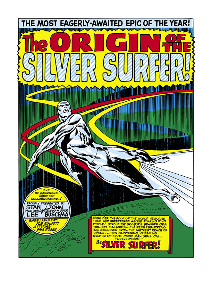 Silver Surfer #1, pg. 1; pencils, John Buscema; inks, Joe Sinnott; The origin of the Surfer, Norrin-Radd, splash page, first issue