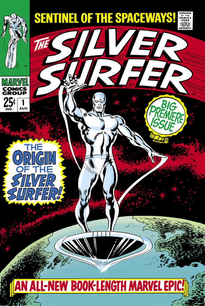 Silver Surfer #1 cover; pencils, John Buscema; inks, Frank Giacoia, Joe Sinnott; Sentinel of the Spaceways, big premiere issue, origin, all-new book-length marvel epic