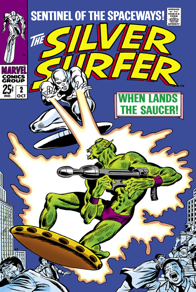 Silver Surfer #2 cover; pencils, John Buscema; inks, Joe Sinnott, When lands the saucer, Badoon