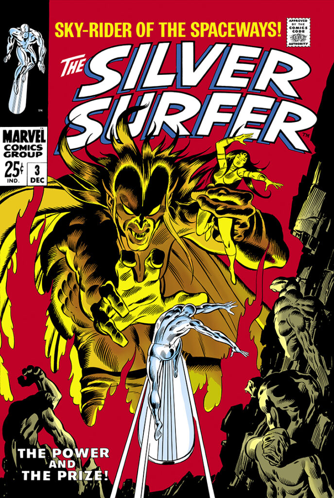 Silver Surfer #3 cover; pencils, John Buscema; inks, Joe Sinnott, Sky-rider of the Spaceways, the power and the prize, Mephisto