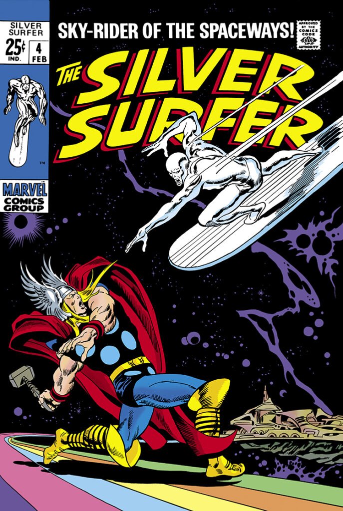 Silver Surfer #4 cover; pencils, John Buscema; inks, Sal Buscema; Sky-rider of the Spaceways, Thor, Asgard, bifrost