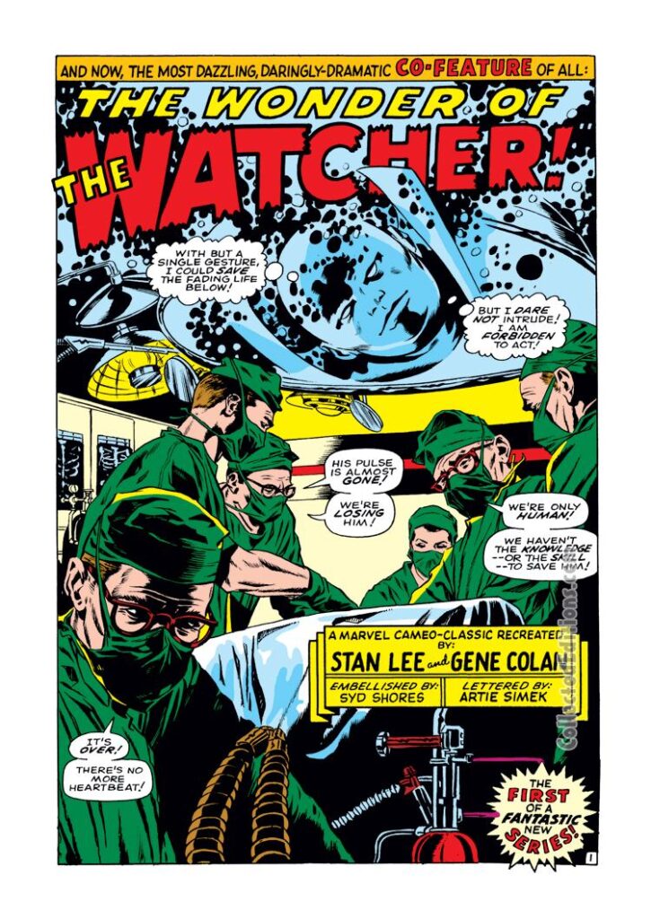 Silver Surfer #1, pg. 39; “The Watcher”, pencils, Gene Colan; inks, Syd Shores; Stan Lee, The Wonder of the Watcher, splash page, Marvel Age, Uatu backup story