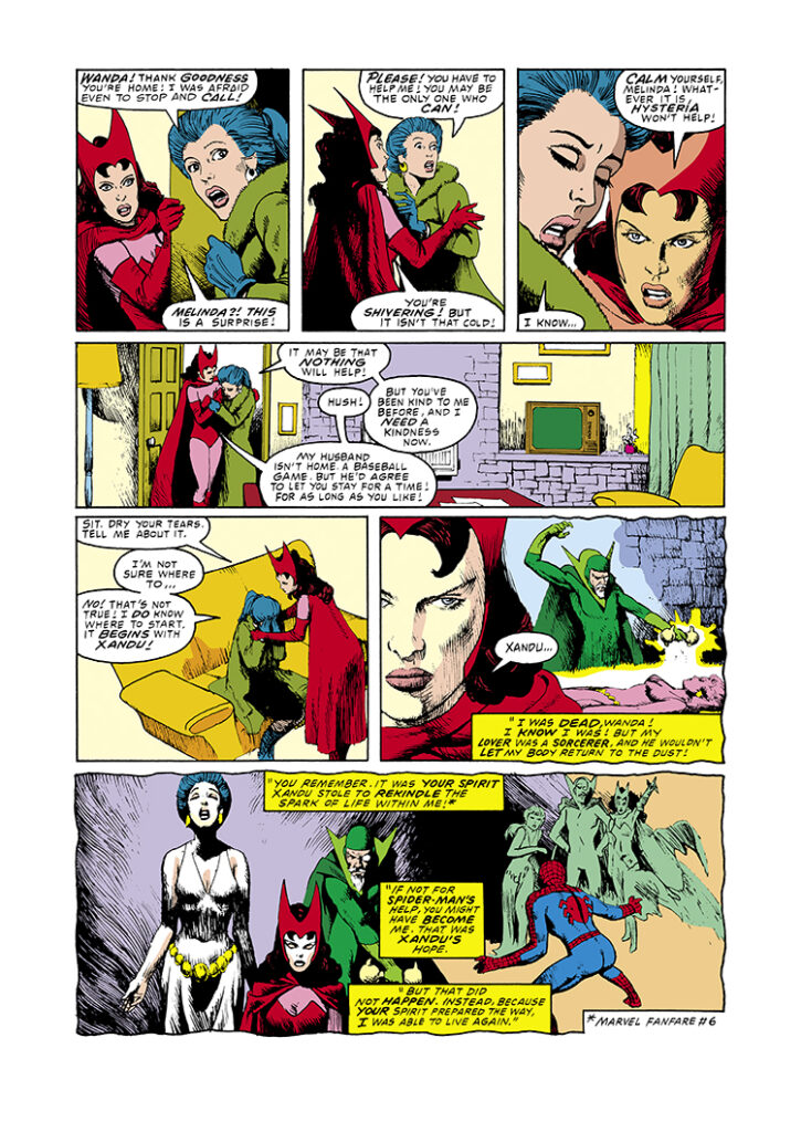 Solo Avengers #5. Scarlet Witch in “A Love That Never Dies”; pg. 3; pencils and inks, John Ridgway; Melinda, Xandu, Spider-Man flashback