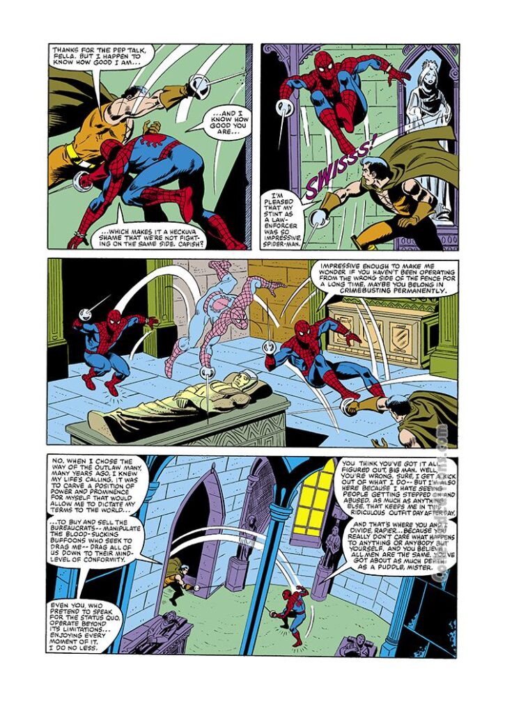 Spectacular Spider-Man Annual #2, pg. 28; pencils, Jim Mooney; inks, Mike Esposito; Peter Parker, first appearance of the Rapier/Dominic Tyrone