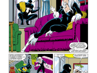 Spectacular Spider-Man Annual #4. Black Cat in &ldquo;Cat and Mouse&rdquo;, pg. 1. Pencils and inks, Ron Randall; Felecia Hardy, black costume, Bob DeNatale, writer, Peter Parker
