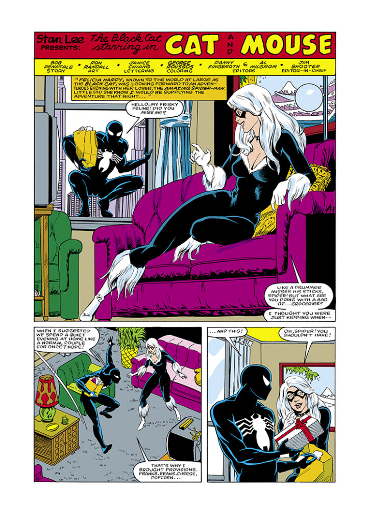 Spectacular Spider-Man Annual #4. Black Cat in “Cat and Mouse”, pg. 1. Pencils and inks, Ron Randall; Felecia Hardy, black costume, Bob DeNatale, writer, Peter Parker