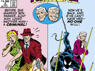 Spectacular Spider-Man Annual #4 cover; pencils, Al Milgrom; inks, Joe Rubinstein; Before she married Ben Parker, Aunt May loved another man, a criminal, now he&rsquo;s back and if he can&rsquo;t have her, no one will, Johnny Jerome, black costume, Peter Parker