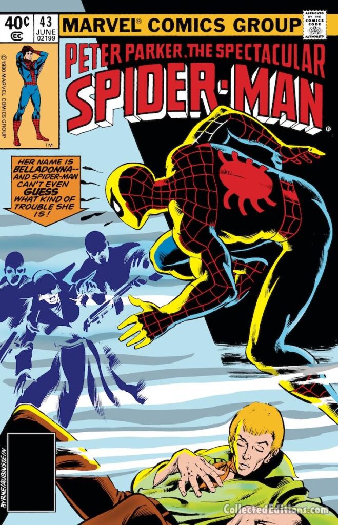 Spectacular Spider-Man #43, cover; pencils, John Byrne; inks, Joe Rubinstein; Peter Parker, Madame Belladonna, first appearance, Roderick Kingsley