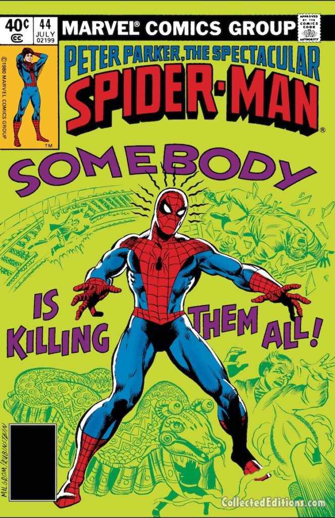 Spectacular Spider-Man #44, cover; pencils, Al Milgrom; inks, Joe Rubinstein; Somebody is Killing Them All, Peter Parker