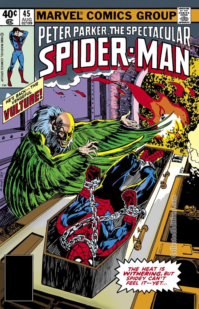 Spectacular Spider-Man #45, cover; pencils and inks, Alan Weiss; Vulture, Adrian Toomes, the heat is withering; Peter Parker