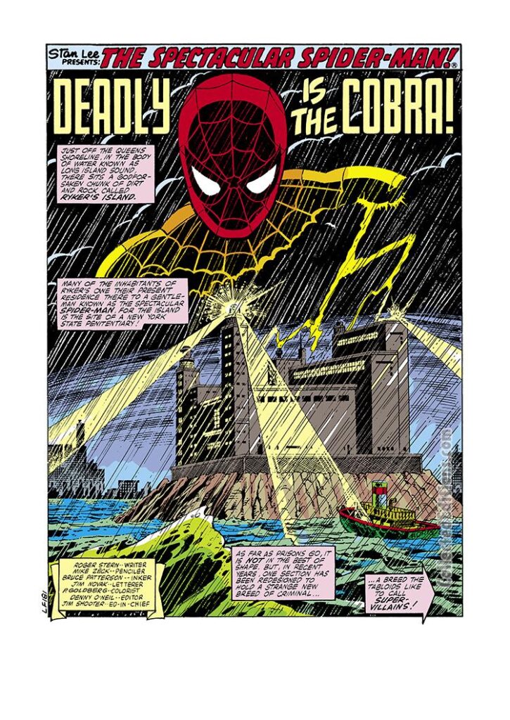 Spectacular Spider-Man #46, pg. 1; pencils, Mike Zeck; inks, Bruce Patterson; Peter Parker, Deadly is the Cobra, splash page, Roger Stern, Ryker’s Island, Marvel Universe, prison