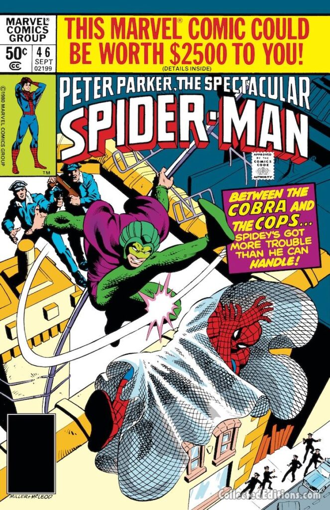 Spectacular Spider-Man #46, cover; pencils, Frank Miller; inks, Bob McLeod; Human Cobra, Peter Parker