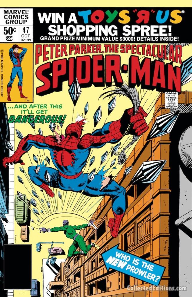 Spectacular Spider-Man #47, cover; pencils and inks, Al Milgrom; Peter Parker, Who Is The New Prowler, And After That It&#039;ll Get Dangerous, The Cat, Toys R Us Shopping Spree