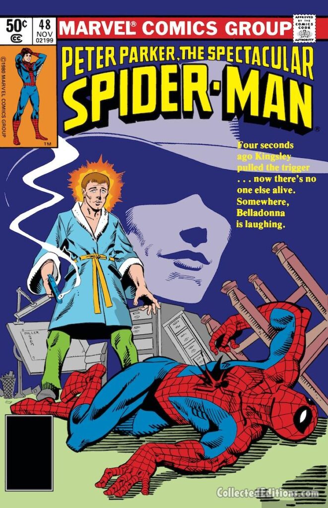 Spectacular Spider-Man #48, cover; pencils, Frank Miller; inks, Al Milgrom; Peter Parker, Madame Belladonna, Roderick Kingsley