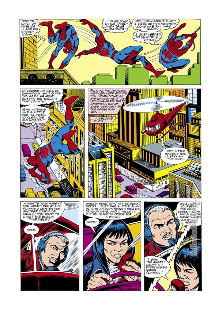 Spectacular Spider-Man #49, pg. 4; layouts, Jim Mooney; pencils and inks, Bruce Patterson; Peter Parker, Roger Stern, Philip Chang, Tommy Li, the SmugglerSpectacular Spider-Man #49, pg. 4; layouts, Jim Mooney; pencils and inks, Bruce Patterson; Peter Parker, Roger Stern, Philip Chang, Tommy Li, the Smuggler