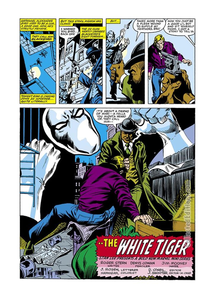 Spectacular Spider-Man #49, pg. 17; pencils, Denys Cowan; inks, Jim Mooney Peter Parker, The White Tiger/Hector Ayala backup series, Roger Stern, Nathanial Alexander Byrd, Blackbyrd, origin