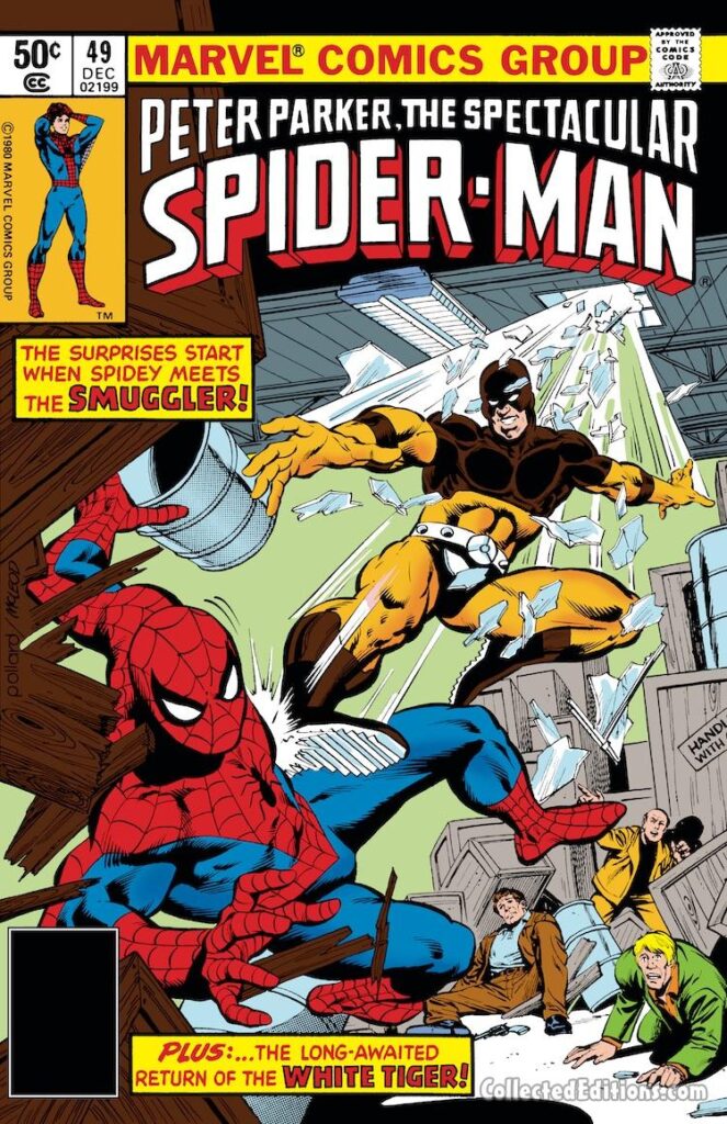 Spectacular Spider-Man #49, cover; pencils, Keith Pollard; inks, Bob McLeod; Peter Parker, The Smuggler, Return of the White Tiger