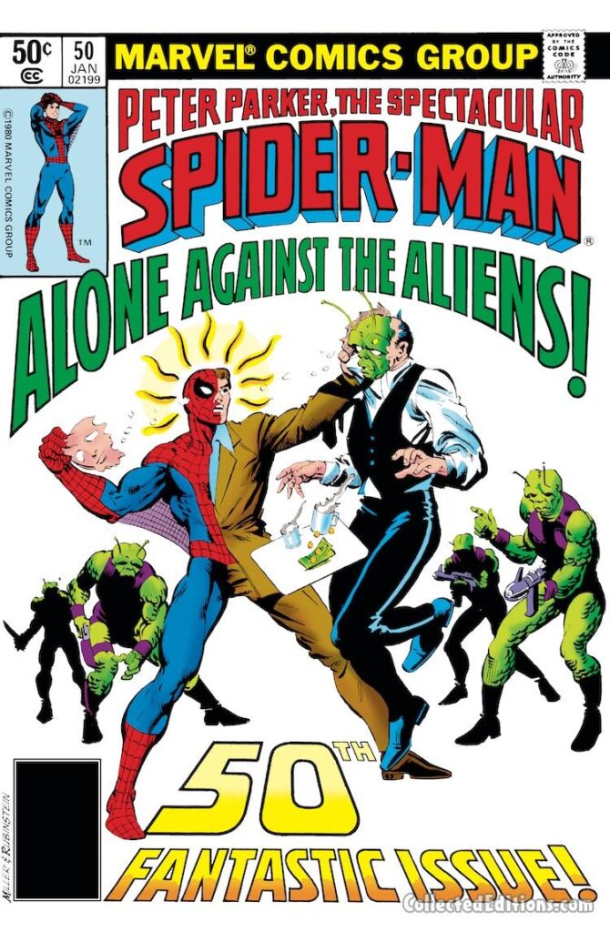 Spectacular Spider-Man #50, cover; pencils, Frank Miller; inks, Joe Rubinstein; Peter Parker, 50th Fantastic Issue, Alone Against the Aliens