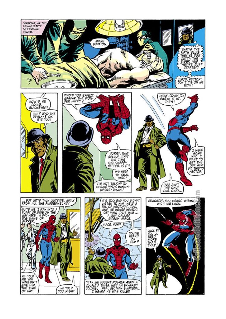 Spectacular Spider-Man #52, pg. 7; pencils, Rick Leonardi; inks, Jim Mooney; Peter Parker, Blackbyrd, White TigerSpectacular Spider-Man #52, pg. 7; pencils, Rick Leonardi; inks, Jim Mooney; Peter Parker, Blackbyrd, White Tiger