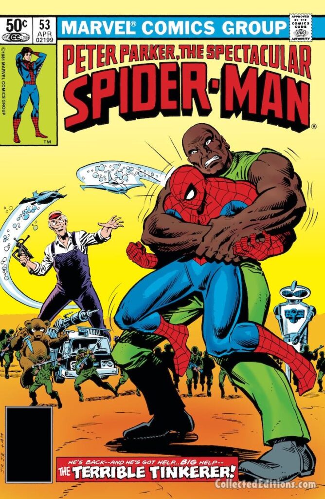 Spectacular Spider-Man #53, cover; pencils, John Romita Jr.; inks, Al Milgrom; Terrible Tinkerer, Robot Toy, Peter Parker