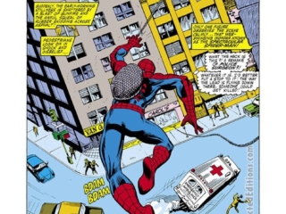 Spectacular Spider-Man #54, pg. 1; pencils, Marie Severin; inks, Jim Mooney; Peter Parker, To Save the Smuggler splash page, Roger Stern