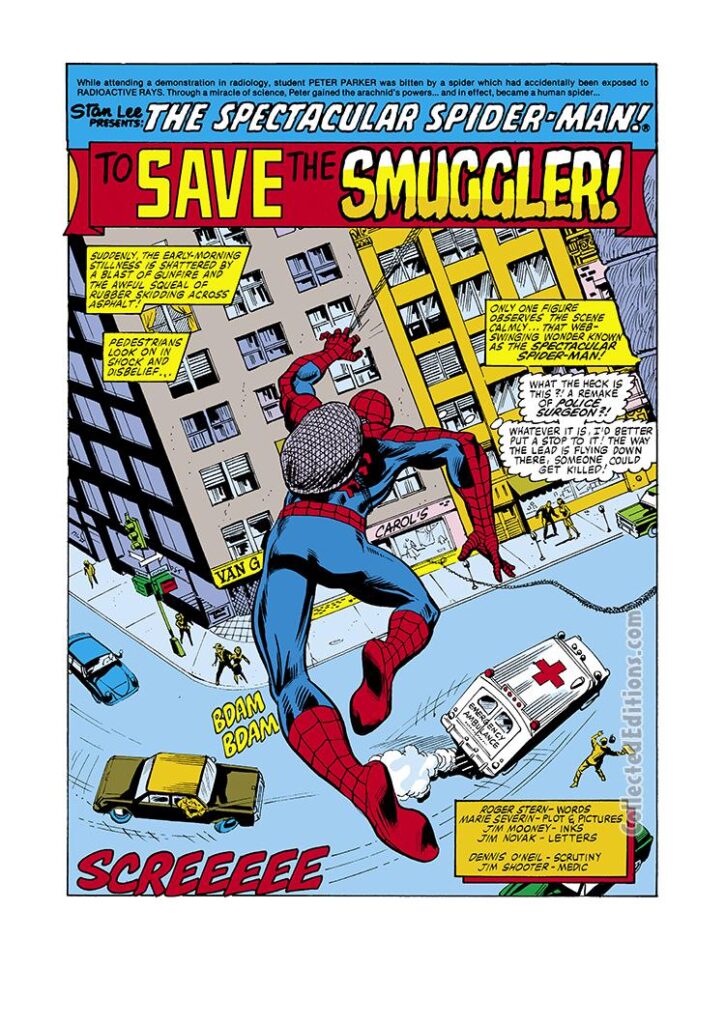 Spectacular Spider-Man #54, pg. 1; pencils, Marie Severin; inks, Jim Mooney; Peter Parker, To Save the Smuggler splash page, Roger Stern