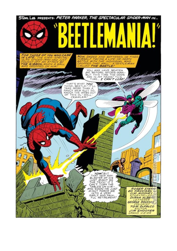 Spectacular Spider-Man #60, pg. 1; layouts, Ed Hannigan; pencils and inks, Jim Mooney; Beetlemania, The Beetle, Abner Jenkins, splash page, Roger Stern