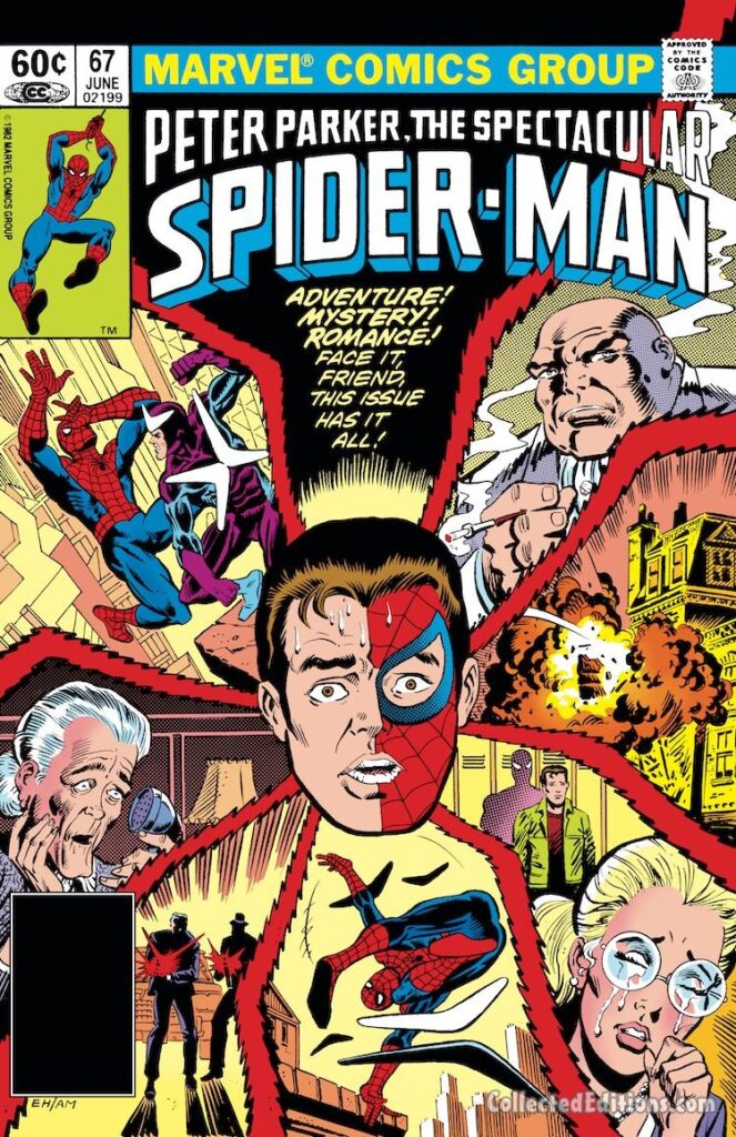 Spectacular Spider-Man #67 cover; pencils, Ed Hannigan; inks, Al Milgrom; Peter Parker, adventure, mystery, romance, face it friend, this issue has it all, Aunt May, Debra Whitman, Kingpin, Boomerang