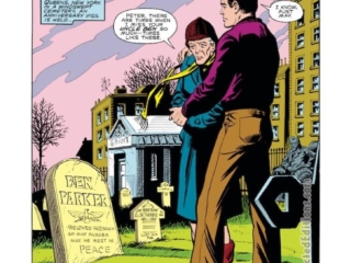 Spectacular Spider-Man #68, pg. 2; pencils, Luke McDonnell; inks, Jim Mooney; Peter Parker, Hell Hath No Fury Like a Robot Scorned, splash page, Ben Parker tombstone, grave, Aunt May Parker, Bill Mantlo, writer, Nathan Lubinksi