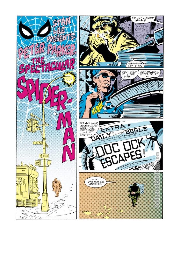 Spectacular Spider-Man #72, pg. 1; layouts, Ed Hannigan; pencils and inks, Rick Magyar, Al Milgrom; Peter Parker