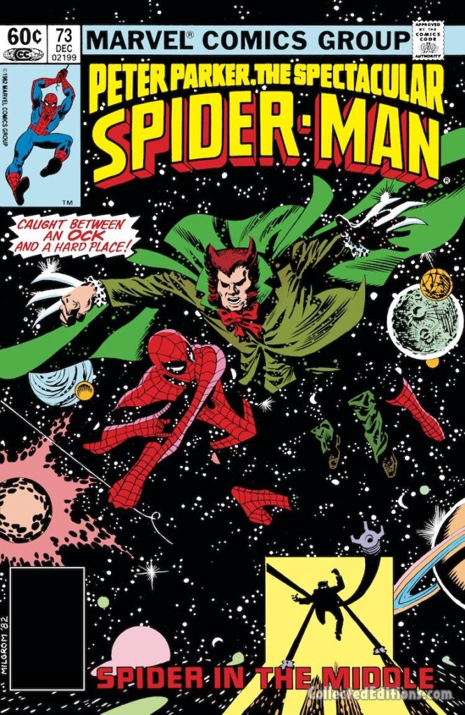 Spectacular Spider-Man #73 cover; pencils and inks, Al Milgrom; Peter Parker, Caught Between Ock and a Hard Place, The Owl, Doctor Octopus, Spider in the Middle