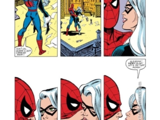 Spectacular Spider-Man #75, pg. 2; pencils, Al Milgrom; inks, Jim Mooney; Peter Parker, Black Cat, Felecia Hardy, rooftop kiss