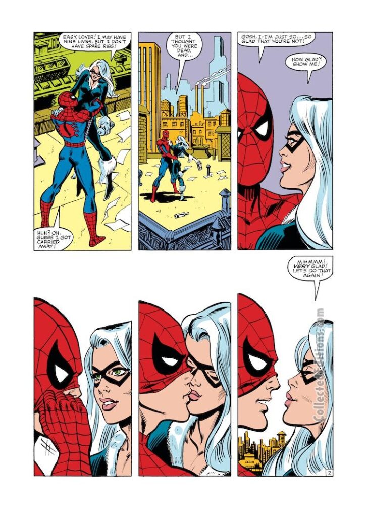 Spectacular Spider-Man #75, pg. 2; pencils, Al Milgrom; inks, Jim Mooney; Peter Parker, Black Cat, Felecia Hardy, rooftop kiss