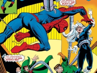 Spectacular Spider-Man #75 cover; pencils and inks, Al Milgrom; Peter Parker, Double-Sized Issue, Dramatic Return of Black Cat, Felecia Hardy, Doctor Octopus, The Owl, Catastrophic Climax of The Owl Octopus War, The Final Confrontation