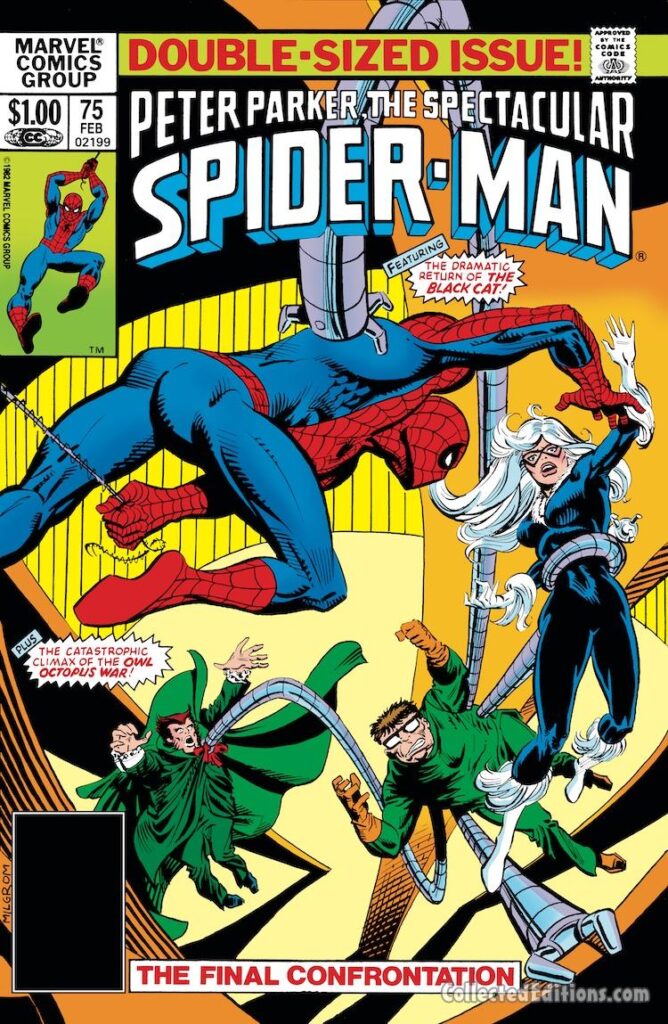 Spectacular Spider-Man #75 cover; pencils and inks, Al Milgrom; Peter Parker, Double-Sized Issue, Dramatic Return of Black Cat, Felecia Hardy, Doctor Octopus, The Owl, Catastrophic Climax of The Owl Octopus War, The Final Confrontation