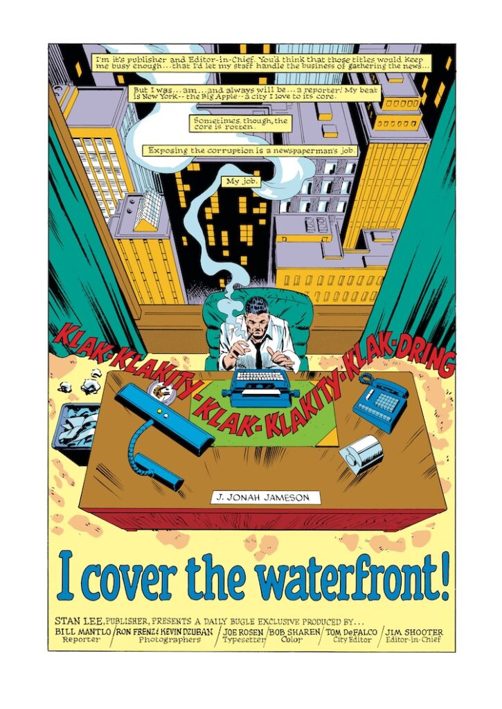 Spectacular Spider-Man #80, pg. 2; pencils, Ron Frenz; inks, Kevin Dzuban; J. Jonah Jameson, Daily Bugle, typewriter, I Cover the Waterfront, Bill Mantlo, writer, splash page, Stan Lee Presents