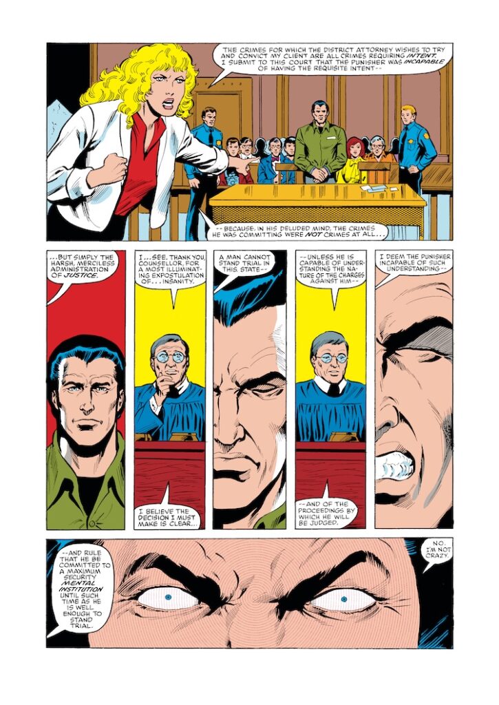 Spectacular Spider-Man #83, pg. 20; pencils, Greg LaRocque; inks, Jim Mooney; Punisher on trial, Frank Castle, insane