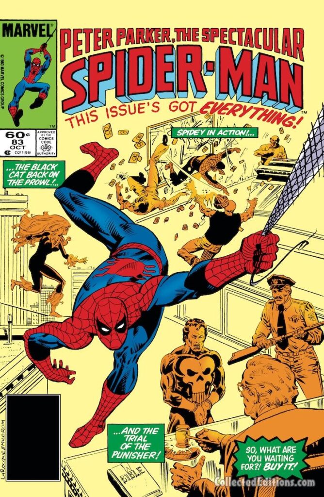 Spectacular Spider-Man #83 cover; pencils, Greg LaRocque; inks, Al Milgrom; Black Cat on the Prowl, Trial of the Punisher, This Issue’s Got Everything