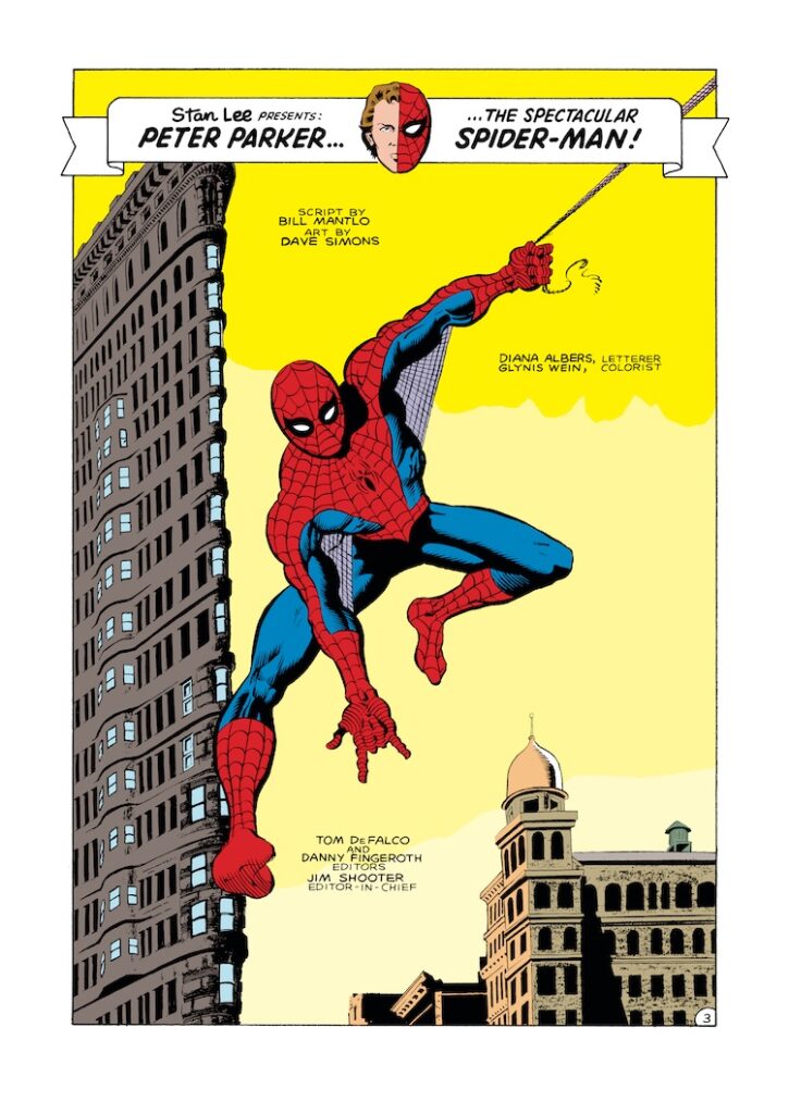 Spectacular Spider-Man #84, pg. 3; pencils and inks, Dave Simons; Stan Lee Presents, splash page, Bill Mantlo, writer, Flatiron Building, Manhattan