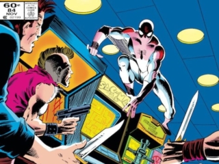 Spectacular Spider-Man #84 cover; pencils, Ron Frenz; inks, Bob Layton; video game arcade, Pack-Man, 1980s