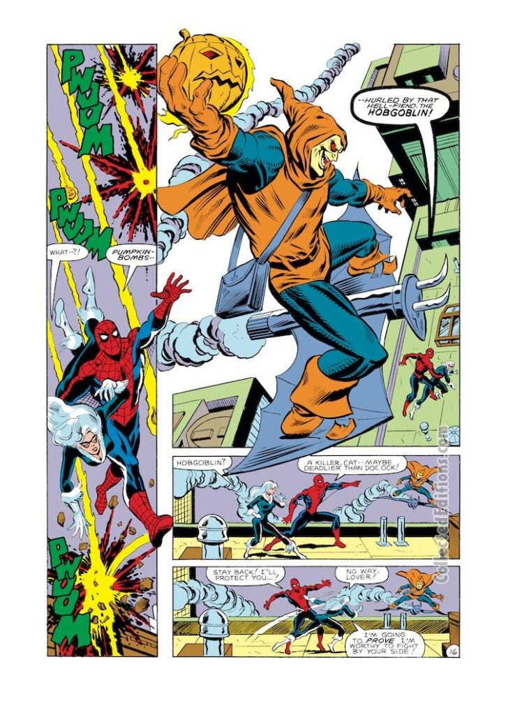 Spectacular Spider-Man #85, pg. 16; pencils, Al Milgrom; inks, Jim Mooney; Black Cat, Felecia Hardy, Hobgoblin