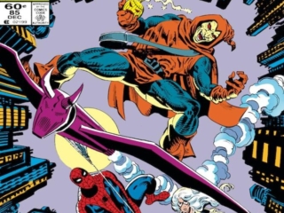 Spectacular Spider-Man #85 cover; pencils and inks, Al Milgrom; Hobgoblin, Black Cat, Felecia Hardy, pumpkin bomb