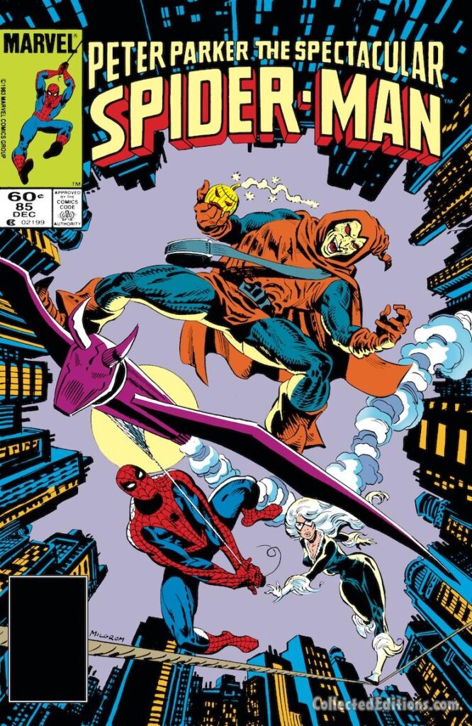 Spectacular Spider-Man #85 cover; pencils and inks, Al Milgrom; Hobgoblin, Black Cat, Felecia Hardy, pumpkin bomb