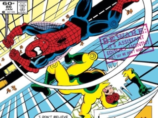 Spectacular Spider-Man #86 cover; pencils, Fred Hembeck, Al Milgrom; inks, Joe Albelo, Al Milgrom; Beware it&rsquo;s Assistant Editors&rsquo; Month, The Fly, Fred Hembeck, Love Those Knees, Black Cat