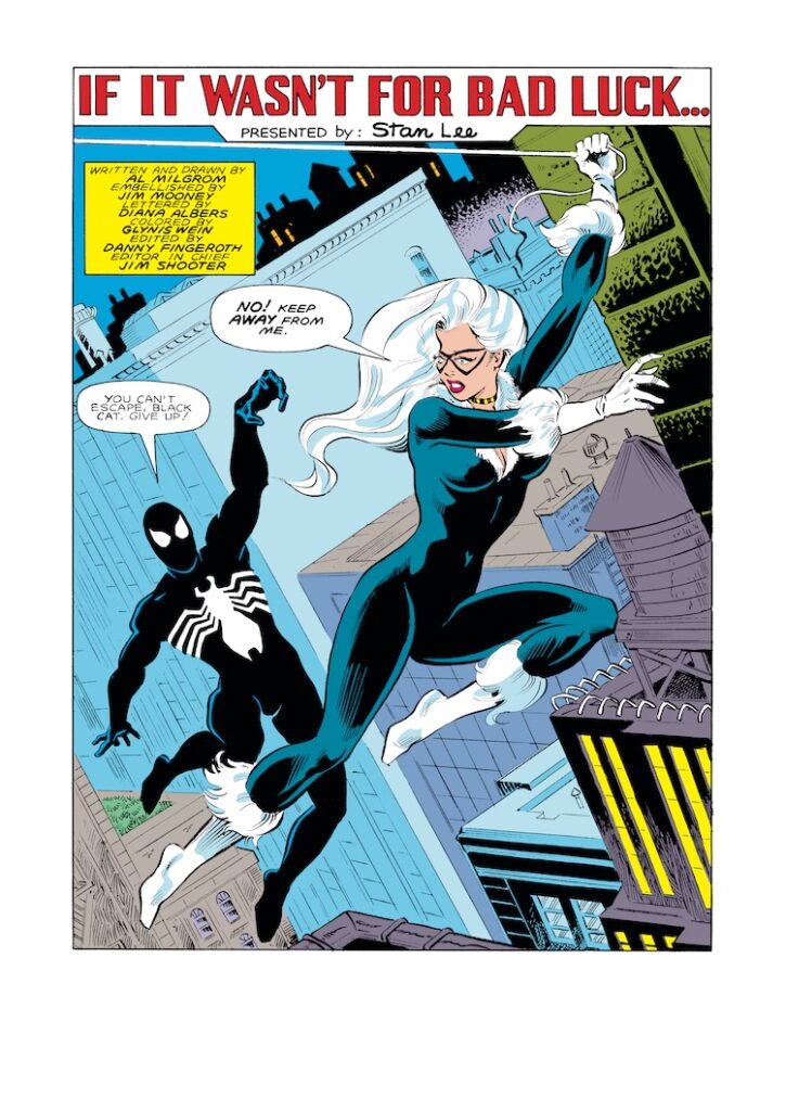 Spectacular Spider-Man #91, pg. 1; pencils, Al Milgrom; inks, Jim Mooney; If It Wasn’t For Bad Luck, Stan Lee Presents, splash page, black costume, Felecia Hardy, Peter Parker