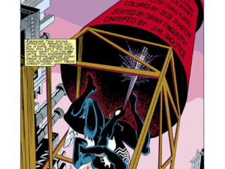 Spectacular Spider-Man #92, pg. 2; pencils, Al Milgrom; inks, Jim Mooney; black costume, symbiotic, And the Answer Is, water tower, Black Cat romance, kiss, Peter Parker