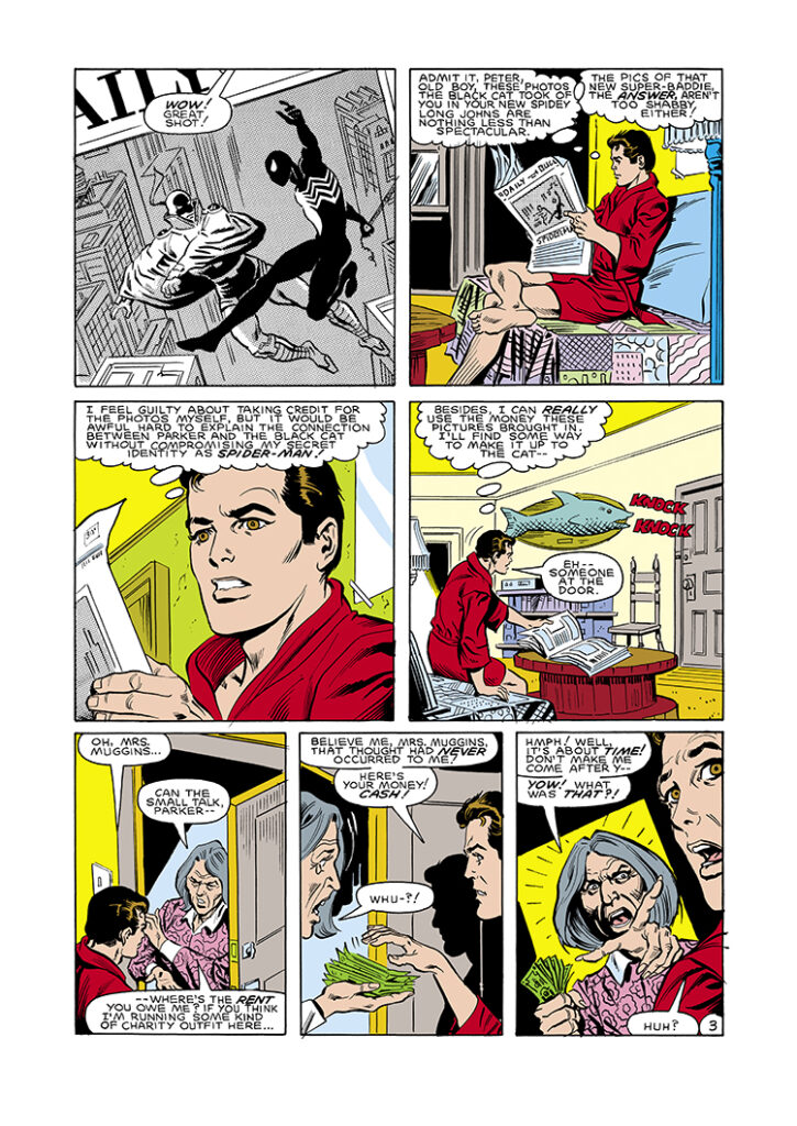 Spectacular Spider-Man #93, pg. 3; pencils, Al Milgrom; inks, Jim Mooney; the Answer, Mrs Mamie Muggins, landlord, Peter Parker