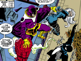 Spectacular Spider-Man #93 cover; pencils and inks, Al Milgrom; black costume, the Answer, save the Black Cat, defuse this bomb, Peter Parker